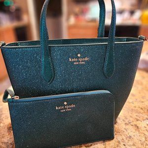 Kate Spade Glimmer Satchel Festive Teal and Lucy Glimmer Medium L Zip Wristlet